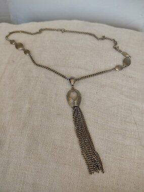 Silver tone Vintage chain necklace with open work pendant and tassel